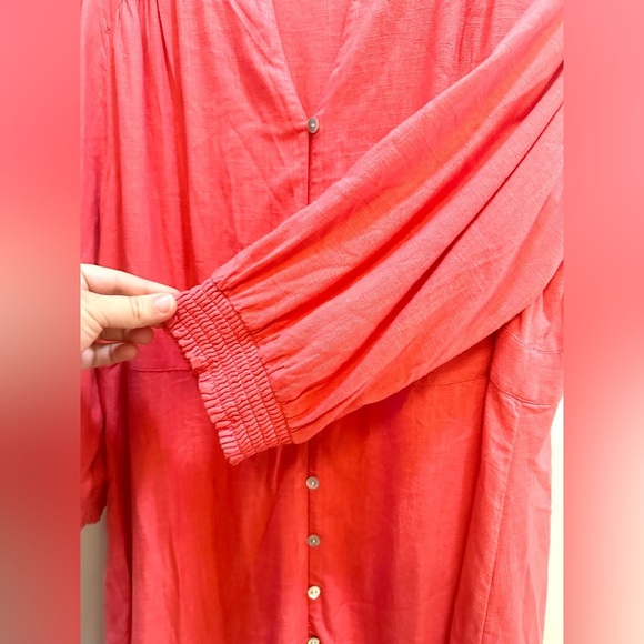 J Jill Linen Blend Button Front Midi Dress with Smocked Cuffs in Guava Size L - Picture 5 of 9